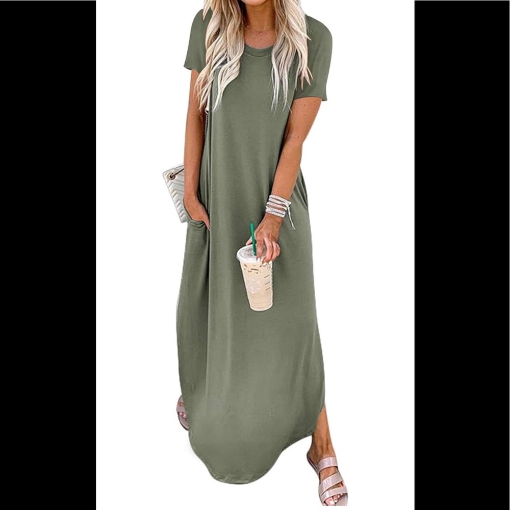 Casual Long Maxi T-shirt Dress Olive Green S